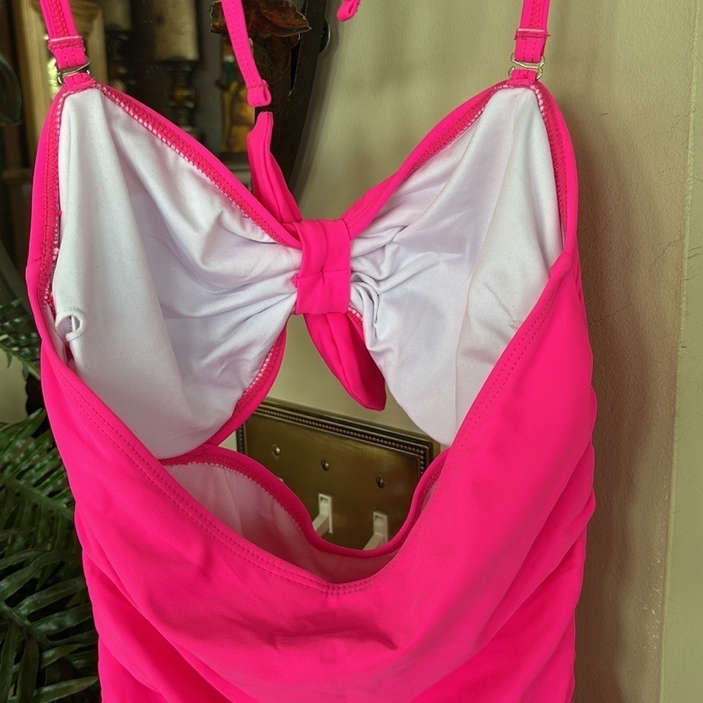 Brand New Tempt Me Hot Pink Tie Up Halter One-Piece Swimsuit Cutout Ruched Retro - Picture 14 of 16